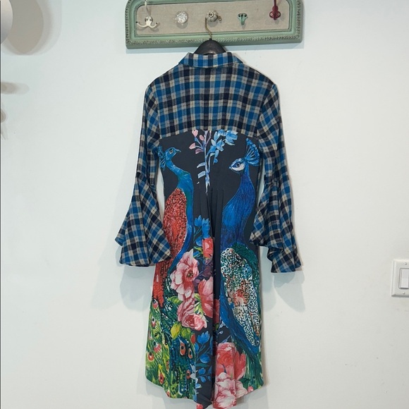 Aratta Flannel Blue Checkered peacock button down shirt Dress midi small women’s - Picture 1 of 8